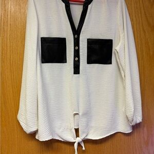 Women's White Tie-Hem Blouse with Black Trim
